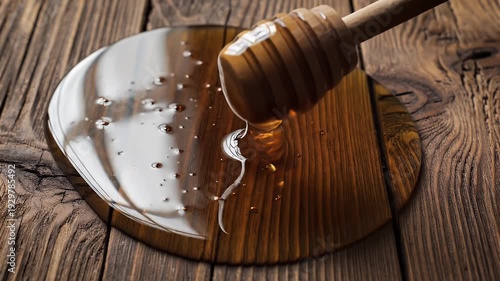 Golden Honey Dripping From Wooden Dipper Onto Dark Wood Surface