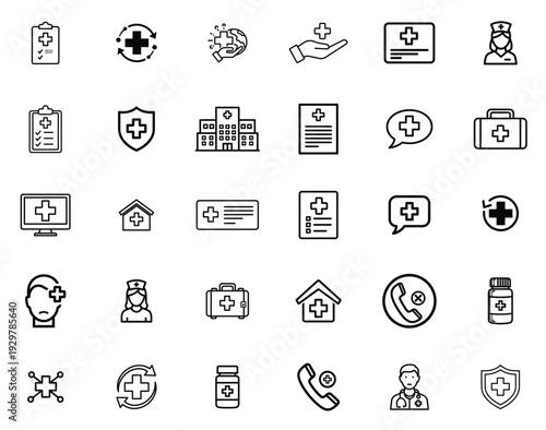 Medical and Healthcare Outline Icon Set – Hospital, Doctor, Shield, Medicine, Insurance and Health Service Linear Vector Collection