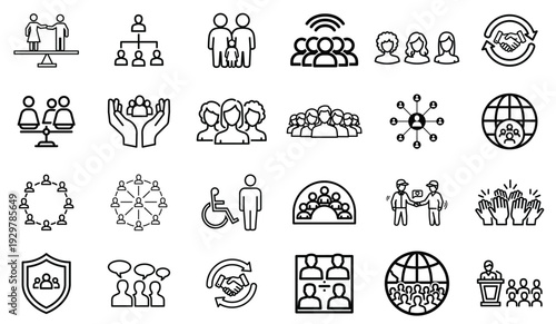 Community and Social Network Outline Icon Set – People, Group, Connection, Support and Communication Linear Vector Collection