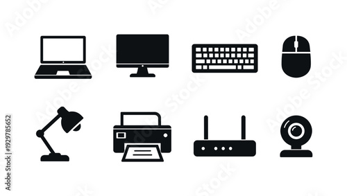 Home office electronics: laptop, monitor, keyboard, mouse, desk lamp, printer, router, webcam