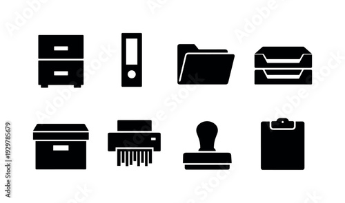 Office filing supplies: filing cabinet, binder, folder, document tray, archive box, paper shredder, stamp, clipboard