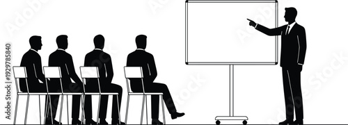 Black silhouette of businessman giving presentation to audience on whiteboard, corporate training seminar, professional workshop meeting, isolated vector illustration, office.