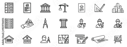 Real Estate and Construction Outline Icon Set – Building, Crane, Blueprint, Property and Architecture Linear Vector Collection
