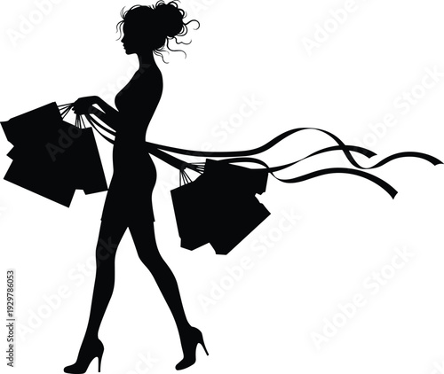 Black silhouette of fashionable woman walking with shopping bags, elegant girl carrying purchases, retail therapy and consumerism concept, isolated vector.
