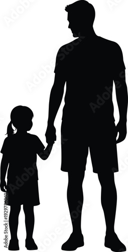 Black silhouette of father holding hands with young daughter, happy family walking together isolated on white background, parental love concept.