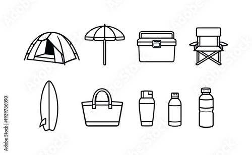 Camping beach setup: beach tent, beach umbrella, cooler box, folding chair, surfboard, beach bag, sunscreen bottle, water bottle