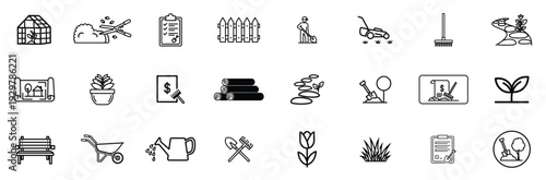 Park and Public Space Outline Icon Set – Bench, Tree, Playground, Fountain and Outdoor Recreation Linear Vector Collection