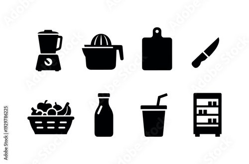 Juice bar equipment: blender, juicer, cutting board, paring knife, fruit basket, glass bottle, straw, display refrigerator