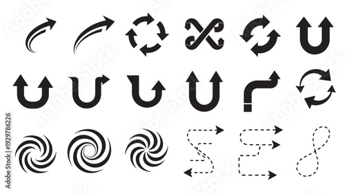 Collection of various black arrow icons illustrating different directions and movements on a plain white background, showcasing diverse arrow styles and designs.
