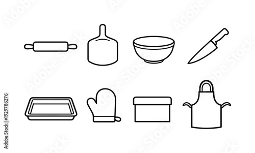 Home pizza preparation tools: rolling pin, pizza peel, mixing bowl, chef knife, baking tray, oven mitt, dough scraper, apron