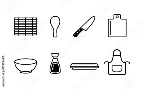 Home sushi making tools: bamboo mat, rice paddle, chef knife, cutting board, mixing bowl, soy sauce bottle, serving plate, apron