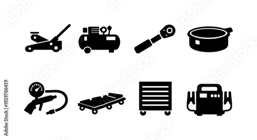 Car repair garage tools: hydraulic jack, air compressor, socket wrench, oil drain pan, tire inflator, creeper, tool chest, battery charger
