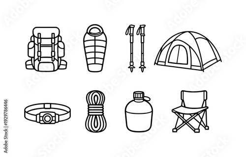 Camping alpine gear: backpack, sleeping bag, trekking poles, insulated tent, headlamp, climbing rope, water canteen, folding chair