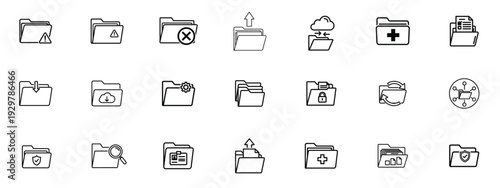 Folder and File Management Outline Icon Set – Document, Storage, Upload, Download and Office Archive Linear Vector Collection
