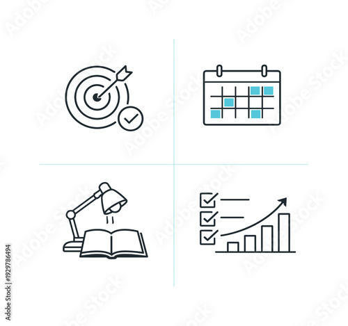 Digital personal productivity planner and weekly goal management system in self-organization routines, highlighting objective setting, task scheduling