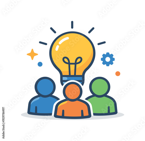 Team brainstorming and creative collaboration session generating innovative business solutions, a light bulb icon paired with a small group silhouette