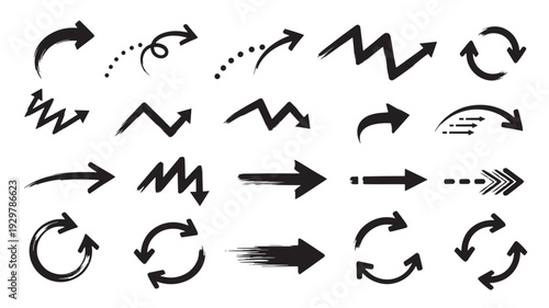 Collection of diverse hand drawn arrows and pointers in various styles and directions on a clean white background from a straightforward view