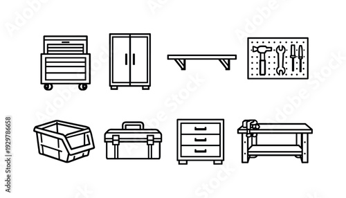 Home tool storage items: tool chest, storage cabinet, wall shelf, pegboard, plastic bin, toolbox, drawer unit, workbench