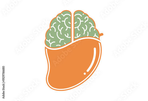 Conceptual vector graphic design illustrating a mango fruit cleverly merged with the intricate structure of a human brain for healthy eating ideas on transparent background