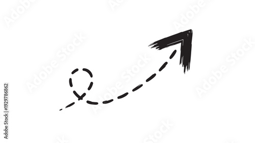 A simple black and white illustration of an arrow moving upwards with a dotted path indicating direction and progress from a starting point
