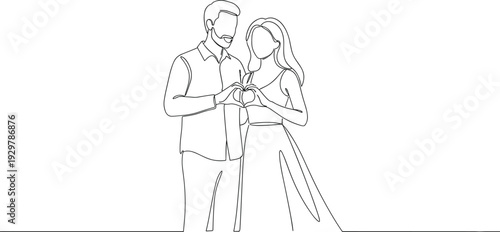 Continuous line drawing of romantic couple making heart shape with hands, man and woman in love minimalist vector art illustration.