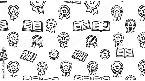 A collection of black and white illustrations of awards, certificates, and books scattered randomly across the page from a top-down viewpoint.