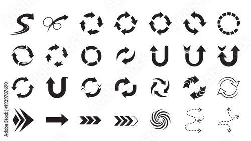 Collection of various black arrows and circular motion icons on a clean white space, showcasing diverse directional elements and stylized graphics.