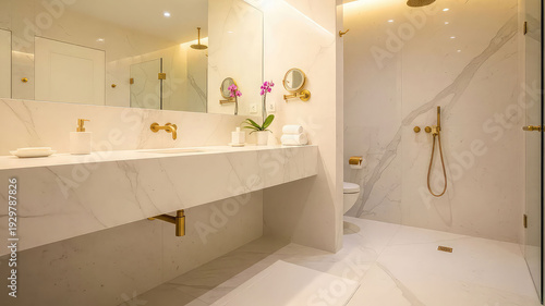 Luxurious modern bathroom interior with marble countertop double sink and rainfall shower in a sleek minimalist design with soft lighting and elegant decor