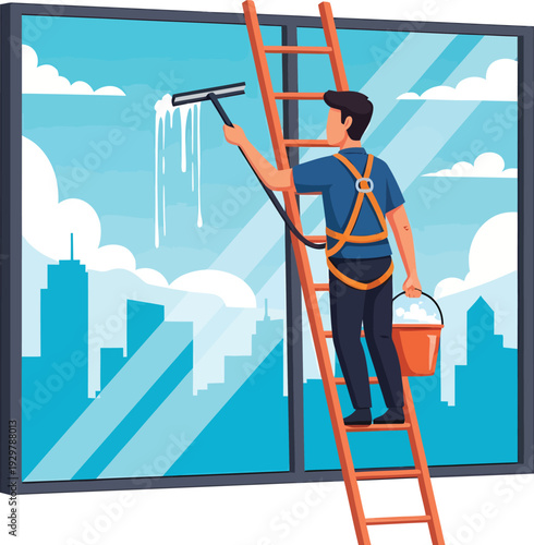 A painter at work on a large cityscape mural