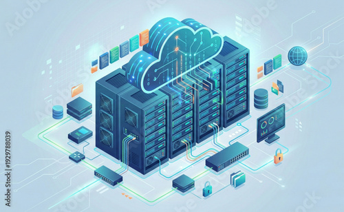 Isometric cloud computing technology server data illustration