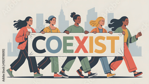 Diverse group of people holding coexist sign.