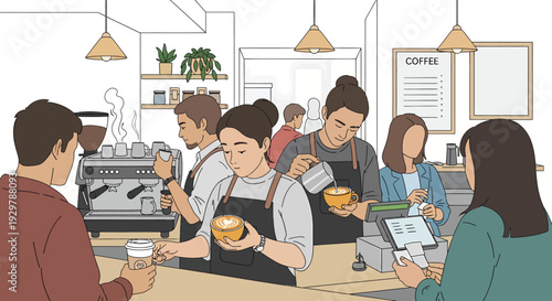 Busy coffee shop scene with baristas and customers