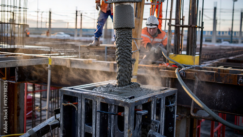 Pouring fresh concrete at a construction site, concrete pump, workers in personal protective equipment,	

