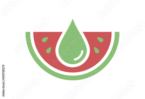 Delicious watermelon slice graphic with a large green juice drop icon, representing organic freshness and healthy hydration vector design on transparent background