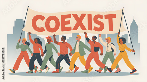 Diverse group holding coexist banner peacefully.