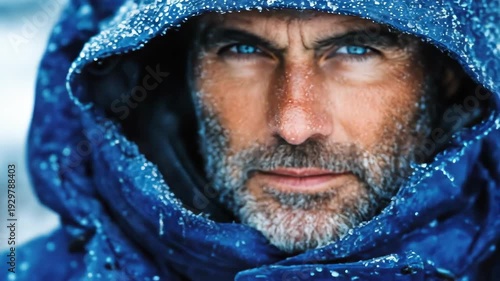 A weathered man with piercing blue eyes, beard frosted, in a snow-covered blue hood
