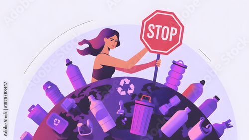 Woman stopping pollution with recycle sign.