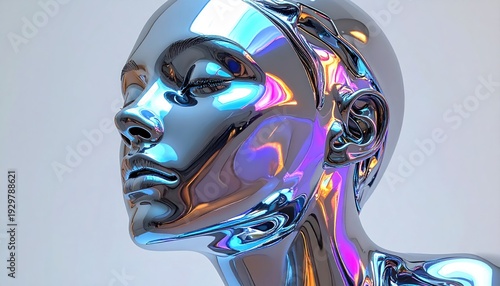 Polished chrome humanoid bust reflects vibrant colors against a plain white background
