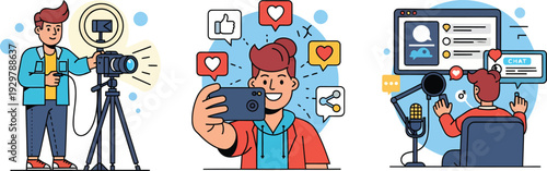 Illustration of people creating and engaging with digital content online