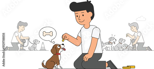 A cartoon man kneeling with a dog and giving it a treat