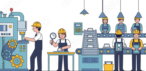 Industrial workers in a factory setting with machinery and equipment