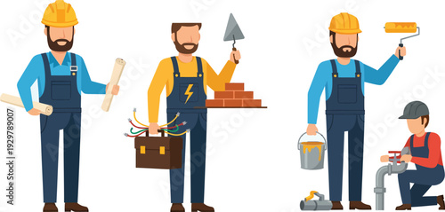 Construction workers with various tools and equipment