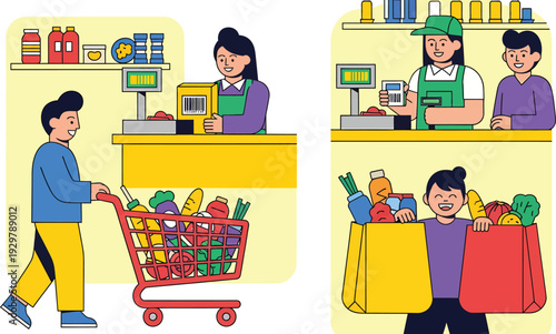Cartoon illustration of grocery shopping and checkout process at a supermarket