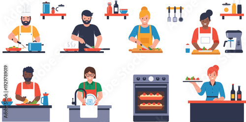 Diverse group of chefs cooking in a commercial kitchen environment