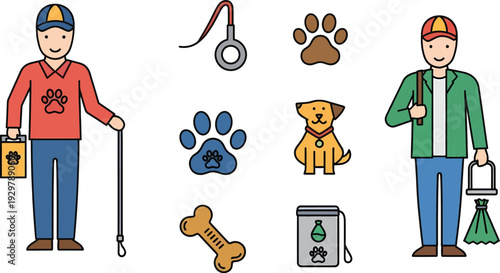 Animal control officers and pet care items illustration