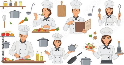 Collection of cartoon chefs and kitchen utensils illustrations
