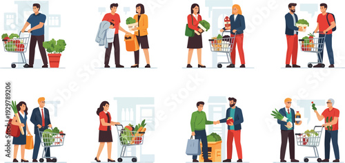 People shopping and interacting at a grocery store with various products