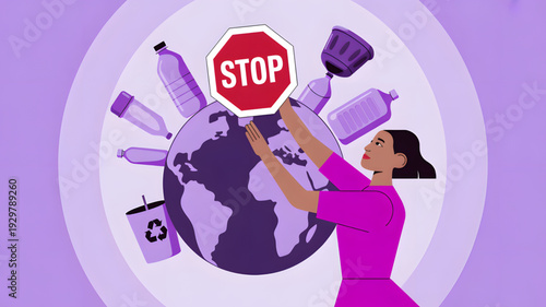 Woman Stopping Pollution Saving Earth.