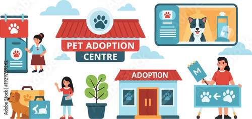 Pet adoption centre illustration with various scenes and characters