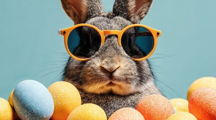 A rabbit wearing sunglasses and surrounded by colorful Easter eggs on a blue background